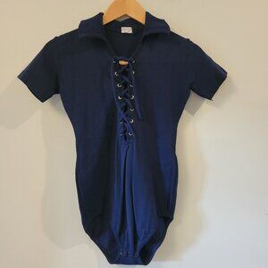 VTG DANSKIN Navy Blue Collared Bodysuit Leotard One Piece